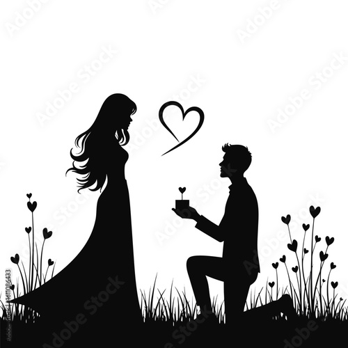 Couple proposing with heart shaped ring and flowers proposal love