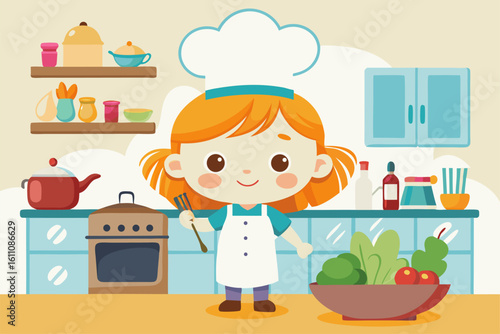 Wearing a chef hat and apron, the child is seen preparing food with joy, ideal for educational materials, kids’ cookbooks, food blogs, culinary posters, and children’s activity books. 