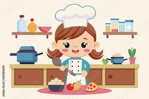 Wearing a chef hat and apron, the child is seen preparing food with joy, ideal for educational materials, kids’ cookbooks, food blogs, culinary posters, and children’s activity books. 