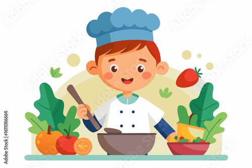 Wearing a chef hat and apron, the child is seen preparing food with joy, ideal for educational materials, kids’ cookbooks, food blogs, culinary posters, and children’s activity books. 