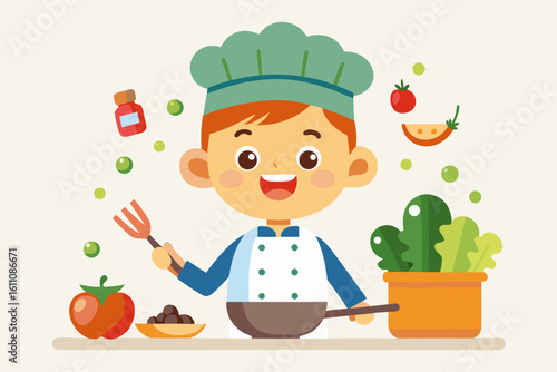 Wearing a chef hat and apron, the child is seen preparing food with joy, ideal for educational materials, kids’ cookbooks, food blogs, culinary posters, and children’s activity books. 