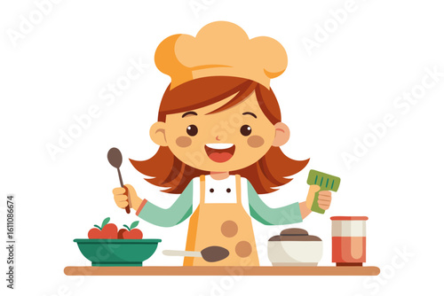 Wearing a chef hat and apron, the child is seen preparing food with joy, ideal for educational materials, kids’ cookbooks, food blogs, culinary posters, and children’s activity books. 