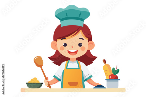 Wearing a chef hat and apron, the child is seen preparing food with joy, ideal for educational materials, kids’ cookbooks, food blogs, culinary posters, and children’s activity books. 