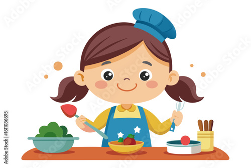 Wearing a chef hat and apron, the child is seen preparing food with joy, ideal for educational materials, kids’ cookbooks, food blogs, culinary posters, and children’s activity books. 