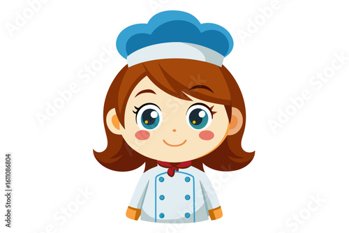 Wearing a chef hat and apron, the child is seen preparing food with joy, ideal for educational materials, kids’ cookbooks, food blogs, culinary posters, and children’s activity books. 