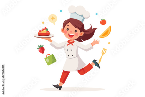 Wearing a chef hat and apron, the child is seen preparing food with joy, ideal for educational materials, kids’ cookbooks, food blogs, culinary posters, and children’s activity books. 