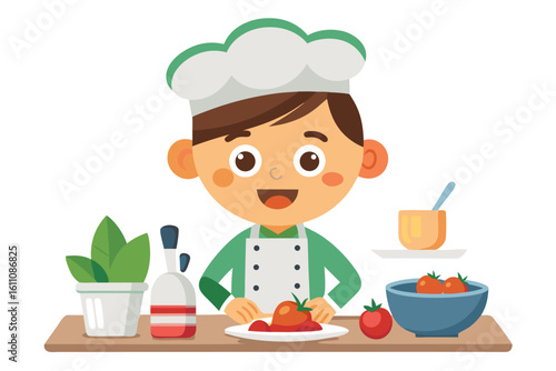 Wearing a chef hat and apron, the child is seen preparing food with joy, ideal for educational materials, kids’ cookbooks, food blogs, culinary posters, and children’s activity books. 