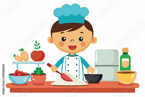 Wearing a chef hat and apron, the child is seen preparing food with joy, ideal for educational materials, kids’ cookbooks, food blogs, culinary posters, and children’s activity books. 