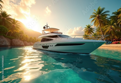 luxury private yacht sailing through crystal clear waters tropical paradise serenity adventure ocean, marine, coast, skiff, beach, vessel, horizon, bays
