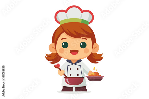 Wearing a chef hat and apron, the child is seen preparing food with joy, ideal for educational materials, kids’ cookbooks, food blogs, culinary posters, and children’s activity books. 