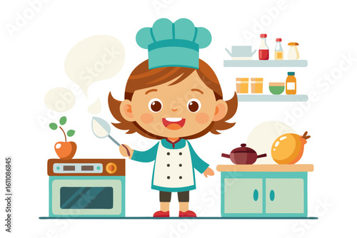 Wearing a chef hat and apron, the child is seen preparing food with joy, ideal for educational materials, kids’ cookbooks, food blogs, culinary posters, and children’s activity books. 