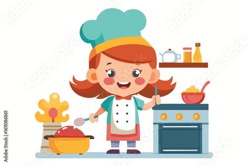 Wearing a chef hat and apron, the child is seen preparing food with joy, ideal for educational materials, kids’ cookbooks, food blogs, culinary posters, and children’s activity books. 