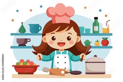 Wearing a chef hat and apron, the child is seen preparing food with joy, ideal for educational materials, kids’ cookbooks, food blogs, culinary posters, and children’s activity books. 