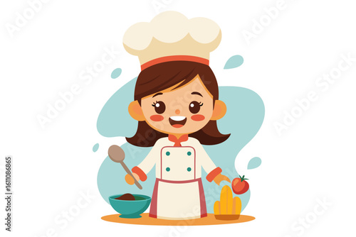 Wearing a chef hat and apron, the child is seen preparing food with joy, ideal for educational materials, kids’ cookbooks, food blogs, culinary posters, and children’s activity books. 