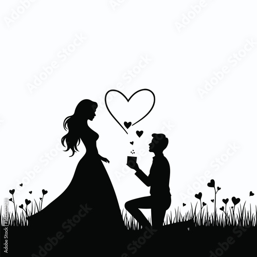 Couple proposing with hearts in a field proposal love
