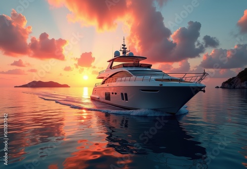 luxury private yacht sunset cruise over crystal clear waters tranquil seascape glowing horizon reflections, landscape, sky, beach, ocean, summer, tropical