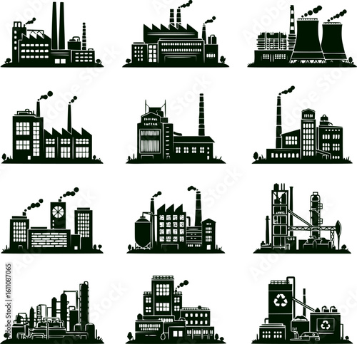 Collection of black silhouette icons of industrial objects. Includes various factories, power plants and processing plants. Stylized vector illustrations for design on the theme of industry and energy