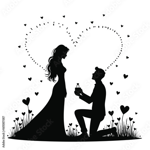 Couple proposing with ring surrounded by hearts and flowers proposal engagement