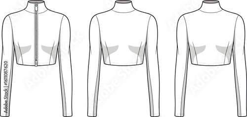 Cad drawing flat vector illustration, women’s crop activewear top with zipper, long sleeve fitted design, technical front and back view
Cad drawing flat vector illustration, women’s crop 