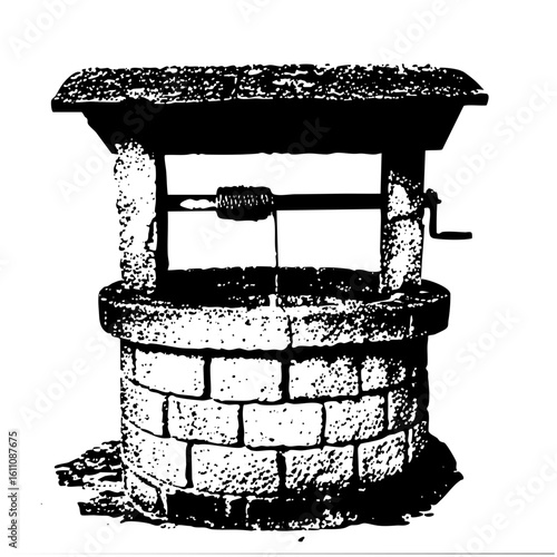 Vector Vintage stone well with a wooden beam and crank handle.