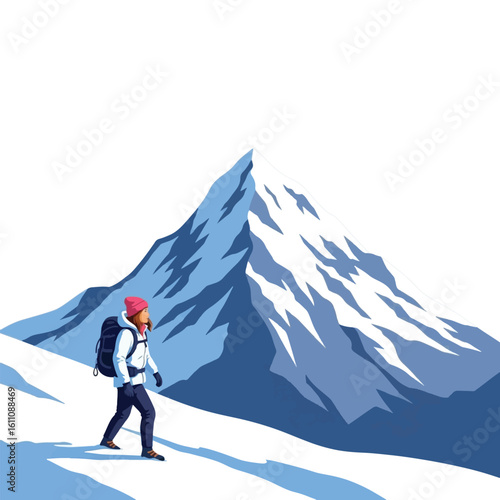 A lone female hiker with a backpack ascends a snow-covered mountain slope towards a towering, snow-capped peak under a bright sky.
