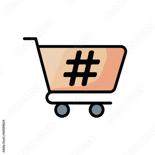 Shopping cart with hashtag symbol isolated on white background