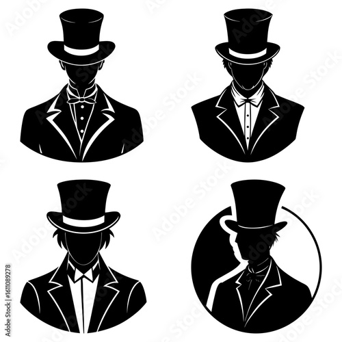 Four black and white silhouette images of men wearing top hats and formal suits in various compositions