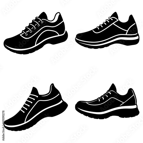 Four black and white running shoes with laces and sporty design presented on a white background view
