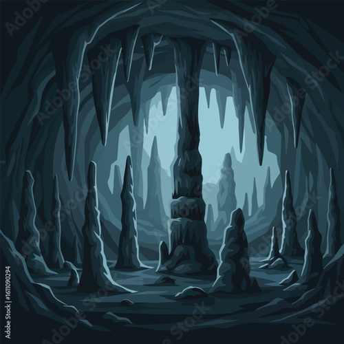 An illustration of a dark cave interior with stalactites and stalagmites.