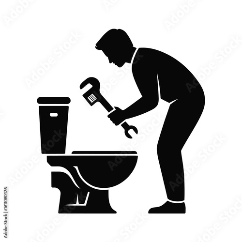 Plumber repairing toilet silhouette isolated on white background