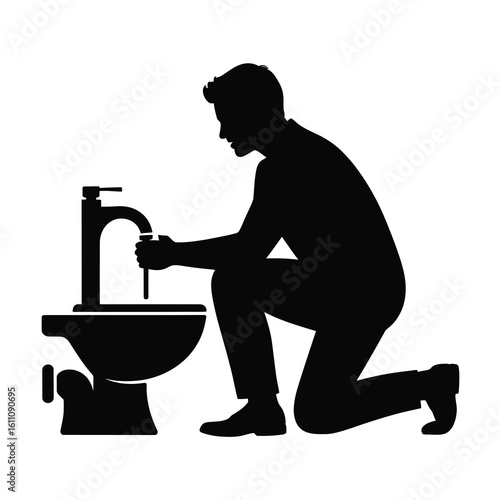 Plumber working on a toilet silhouette isolated on white background