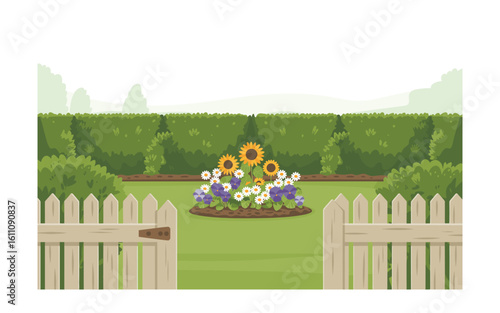 Cartoon Garden Landscape with Open Fence, Sunflowers, Daisies, and Pansies: A Peaceful Summer Scene and Background for Home or Backyard