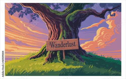 Ancient tree with wanderlust sign under sunset sky wood