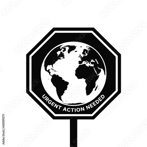 Octagonal stop sign with earth silhouette urgent action needed isolated on white background