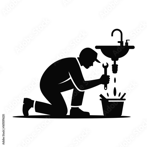 Plumber fixing sink silhouette isolated on white background