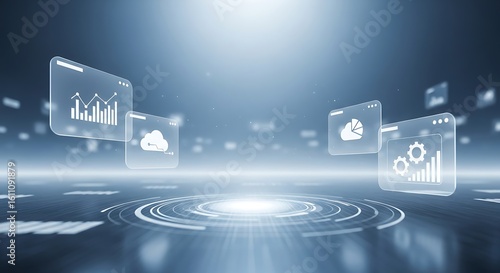 Futuristic digital interface with floating screens showing data analytics, cloud computing, and business intelligence concept.