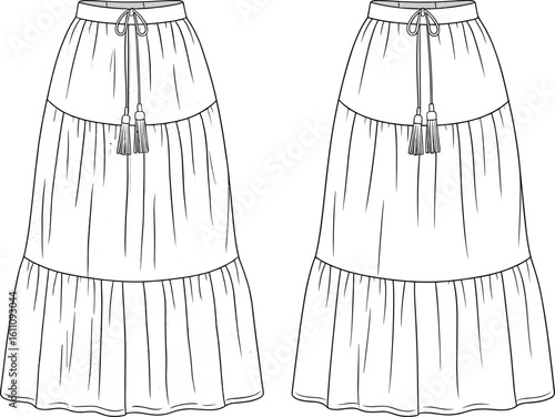 Cad drawing flat vector illustration, women's tiered maxi skirt design, boho style long skirt fashion template, casual summer apparel sketch, tassel tie waist garment technical drawing