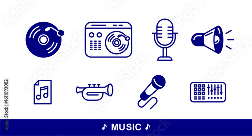 Music and sound producing vector detailed icons set, recording studio mix audio, audio engineering bundle.