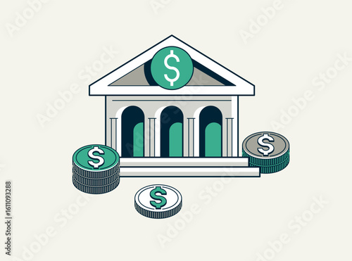 Banking vector detailed icon, bank building and cash money, deposit and credit, online banking, personal account.