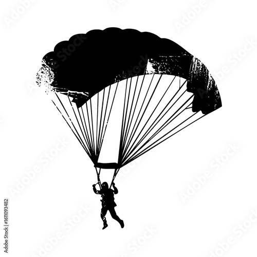 Vector Silhouette of a skydiver descending with a deployed parachute.