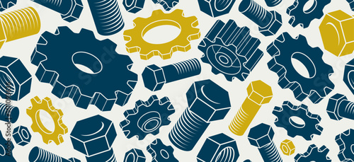 Modification, invention and solution theme seamless background, vector engineering endless wallpaper, bolts and gears tiling pattern, elements easy to use separately.