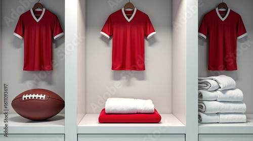 A football rests on a shelf in a locker room, surrounded by neatly folded towels and hanging jerseys, ready for the next game