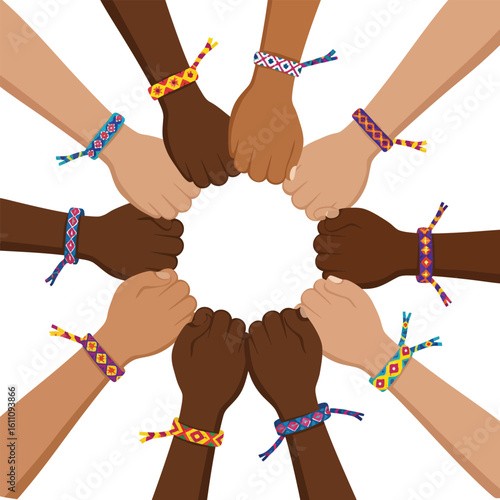 "Diverse Hands with Friendship Bands in Unity Circle – Celebrating Friendship and Inclusion"