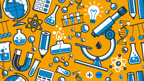 Science seamless background, vector tiling endless repeat pattern of different sciences like chemistry and physics, geography and math, elements easy to use separately as an icons or illustrations.
