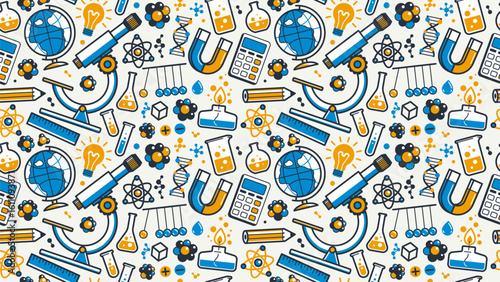Science seamless pattern, vector endless background with a lot of elements that can be used separately as an icons or illustrations, physics and chemistry wallpaper.