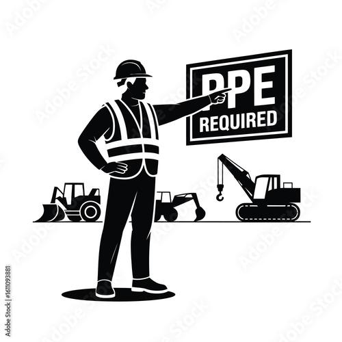 Construction worker pointing at ppe required sign silhouette isolated on white background