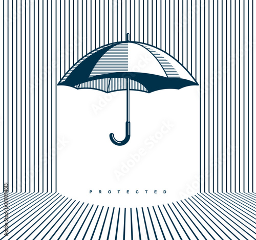 Umbrella protection concept poster, vector parasol icon style illustration, safety metaphor, safe space under umbrella.