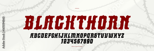Thorn horror gothic rock display font for emblems and logos, dangerous blackthorn typeface for headlines and titles, bold serif typography alphabet letters with prickles, italic version.