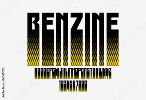 Halftone dotted geometric brutal and bold typeface for logos and posters, vector urban industrial font, modern display typography in cyberpunk futuristic style.