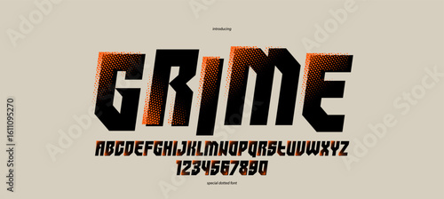 Halftone dotted futuristic cyberpunk font for logos and posters, vector brutal industrial typeface alphabet letters and numbers, urban technic future typography, italic version.